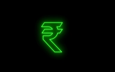 Neon glowing indian rupee icon on black background. Rupee currency symbol on black background