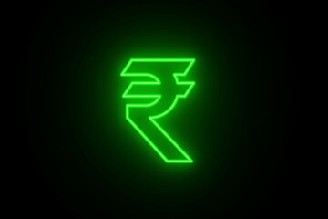 Neon glowing indian rupee icon on black background. Rupee currency symbol on black background