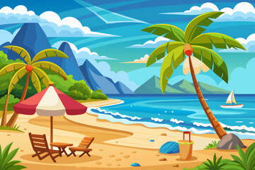 Cartoon tropical beach scene with palm trees mountains and ocean waves