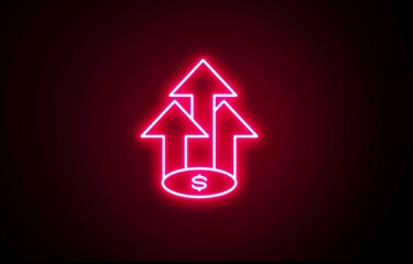 Neon Currency Rising Icons. Bright simple line art icon of an arrow pointing up over stacks of coins. Neon icon showing the number of stacked neon coins increasing. color arrow business finance coin.