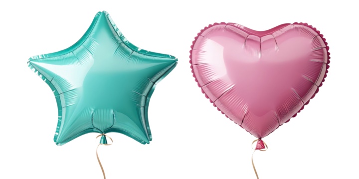 Teal Star and Pink Heart Balloons, Isolated on Transparent Background, 3D Render, Party Decor, Balloons, Party, Decoration