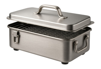 Portable smoker box crafted from stainless steel for easy transport, ideal for picnics in a home garden.