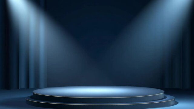 Blue spotlight shines on a round pedestal on a dark blue background, dust motes	