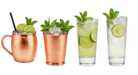 Four refreshing drinks with lime and mint on transparent background