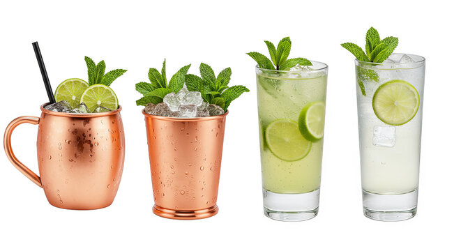 Four refreshing drinks with lime and mint on transparent background
