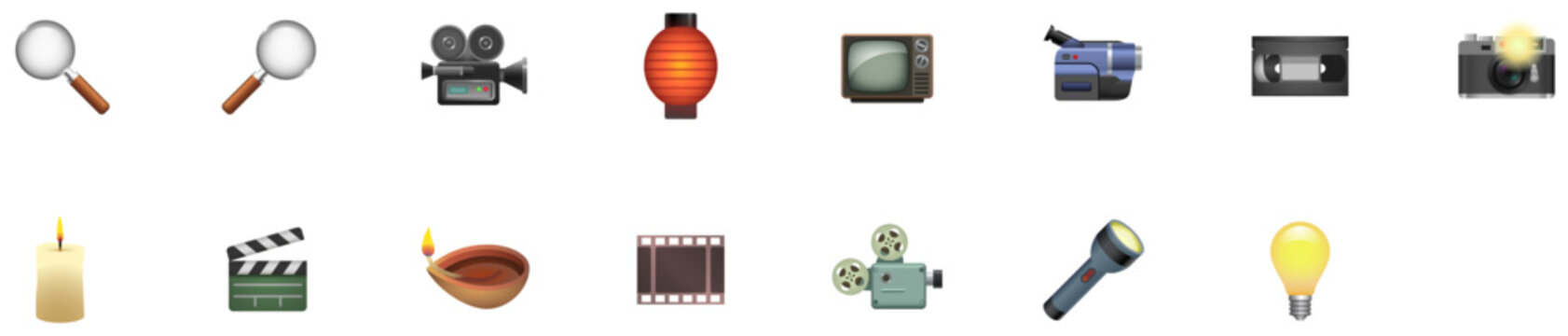 Set of Light & Video icons. Camera, film, photo, flash, lantern, magnifying glass, projector, movie, lamp, cinema, tv, television, candle, vintage, clapper, retro. Emoji icon collection.
