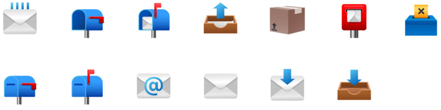 Mail icon set: message, email, letter, inbox, e-mail, envelope, post, mailbox, box, postal, new, incoming, letterbox, tray, outbox, sent, postbox, ballot, messaging. Emoji style illustration. 