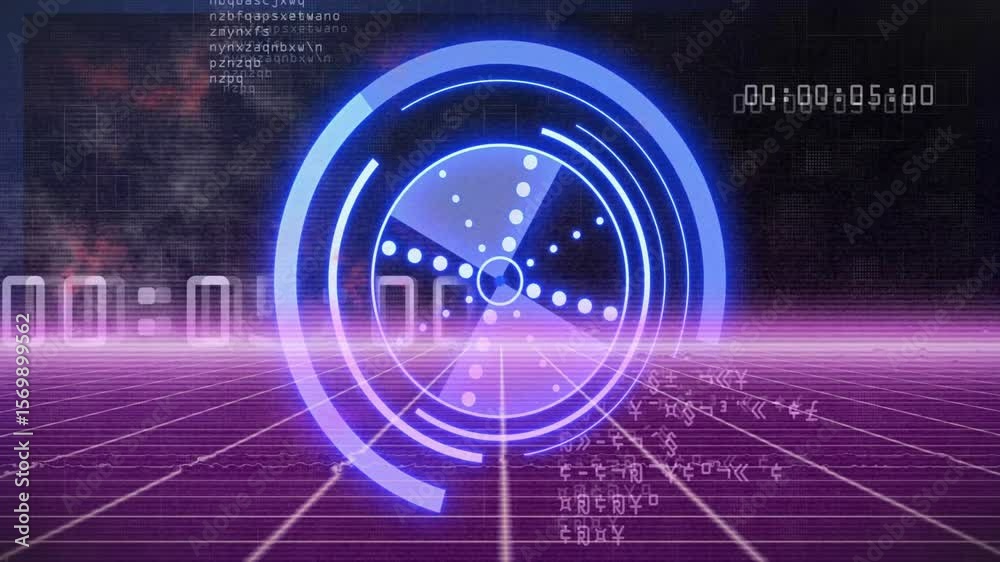 Poster initiating hud showing rotating rings above grid while scanning effects visualizing data processing