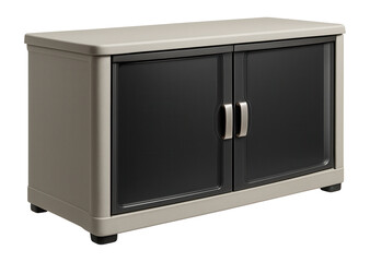 Fototapeta premium Wide plastic cabinet with sliding doors, useful for organizing recycling bins in a backyard.