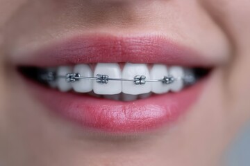 Obraz premium Woman smiles showing teeth with orthodontic braces