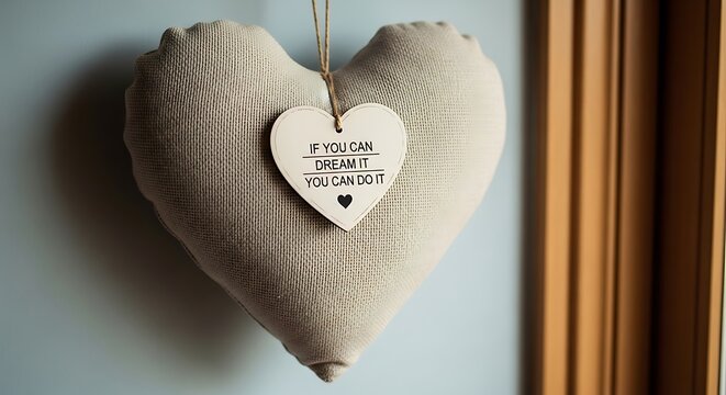 Dream Big Hanging heart with inspiring message against a soft blue wall with rustic wood trim detail