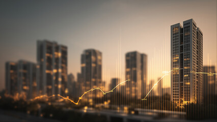 Urban skyscrapers with financial growth trends cityscape digital visualization evening aerial view real estate insights