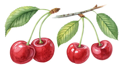 Watercolor Cherries Branch, Isolated on Transparent Background, Red Fruit, Summer Berries, Cherries, watercolor, fruit