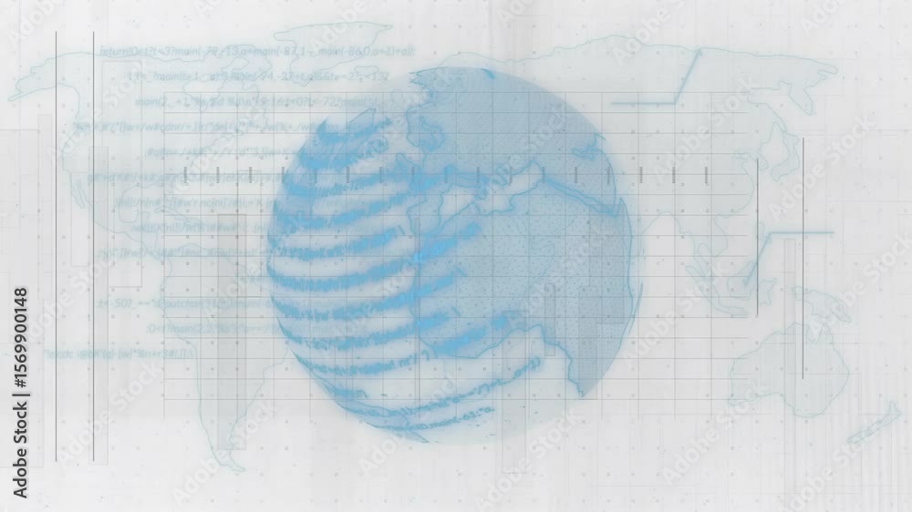 Poster blue 3d globe rotating with code emerging and scanlines sweeping and fading for global analytics