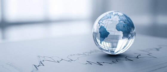 The glass globe representing global business analytics and trends on a financial chart.