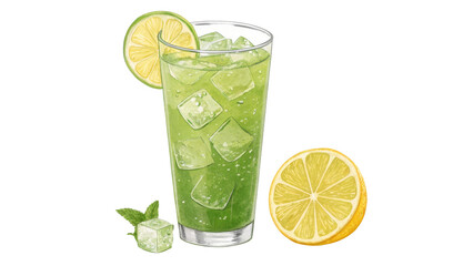 Watercolor Green Drink with Lemon and Lime, Isolated on Transparent Background, Illustration, Beverage, Lemonade, Cocktail, Refreshing