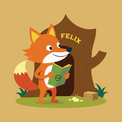 Obraz premium Curious Felix the Fox Discovers Treasure Map in Old Tree Trunk – Forest Animal Adventure Cartoon Vector for Kids Illustration