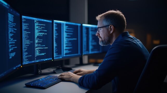 Person Programming at Multi-Monitor Setup with Coding Data Displayed at Night