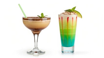 Two Gourmet Cocktails: Creamy Coffee Martini and Layered Tropical Drink with Mint Garnish