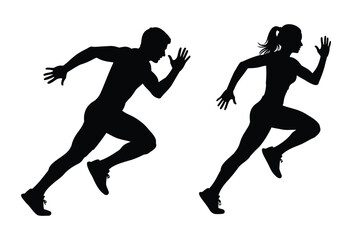Dynamic silhouettes of male and female runners in full sprint, ideal for fitness, sports, and active lifestyle designs, capturing speed and motion