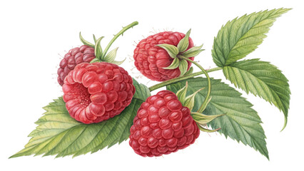 Watercolor Raspberry Branch Illustration, Isolated on Transparent Background, Botanical, Food, Raspberries, Watercolor, Illustration