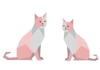 Two geometric cats in pink and grey sitting side by side  