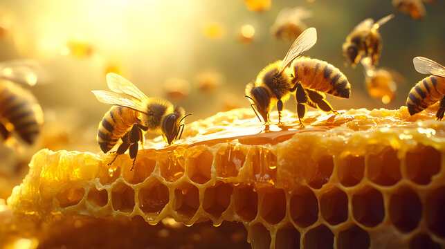 un trozo de miel de panal con abejas comiendo miel alimentos saludables naturales y deliciosos alimentos medicinales naturales 