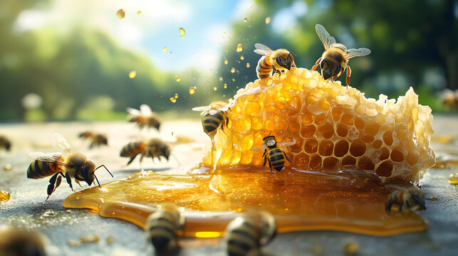 abejas comiendo miel deliciosa en un trozo de panal y miel liquida al aire libre comida saludable y natural y organica productos alimenticios 