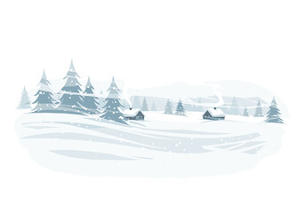 Winter landscape with snow-covered trees and cozy cottages  