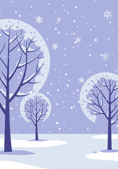 Snowy trees in winter landscape with purple background and snowfall  