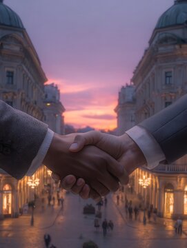 business handshake at sunset in the city, business men 