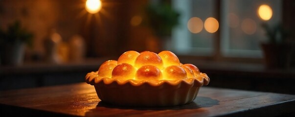 Whimsical Pie-Shaped Light Fixture Illuminates Dark Room with Warm Glow, Perfect for Quirky Home Decor or Bakery Ambiance