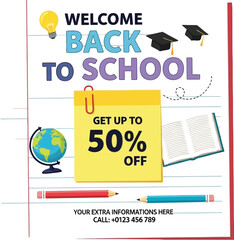 Welcome back to school sale up to fifty percent off education supplies and school items promotion design