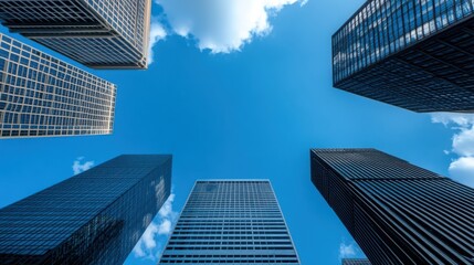 Tall Buildings Against a Clear Blue Sky View from the Ground Level Perspective