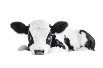 Adorable Black and White Calf, Isolated on Transparent PNG, Monochrome