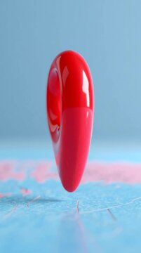 3D Glossy Red Location Pin Floating Over Minimal World Map on Sky‑Blue Gradient