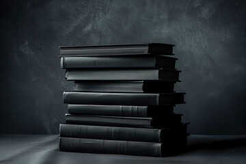 Stack of black hardcover books on dark background
