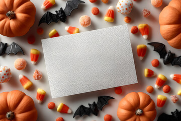 Halloween mockup with a blank greeting card, pumpkins, bats, and candy on white background.