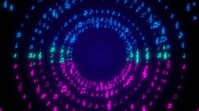 neon lights pink and blue music notes tunnel flying on dark background animation, musical nota bar and concert social media motion background	