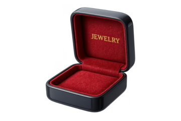 Empty black jewelry box with red velvet interior, isolated on transparent background.