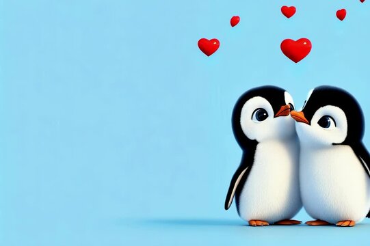 Adorable 3D illustration of two penguins in love with floating red hearts on a blue background. Perfect for Valentine's Day designs, children's projects, or romantic themes.  