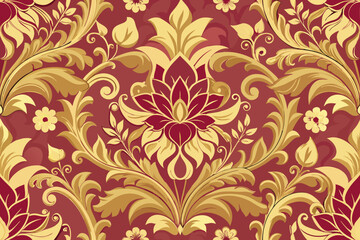 Elegant Floral Damask Pattern with Gold and Burgundy Accents for Backgrounds