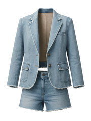 Denim shorts suit with a distressed edge and oversized blazer in light wash