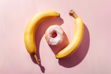Banana, donut and belt arranged on pink background, dark romance book girls concept