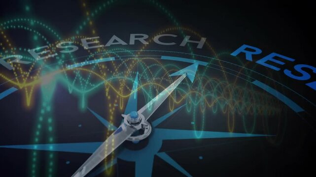 Swirling particles driving compass needle rotation waveforms aligning pointer toward RESEARCH focus