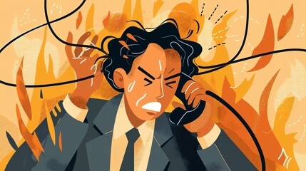 Overwhelmed by Stress: Stylized Illustration of Anguish Amid Fiery Chaos