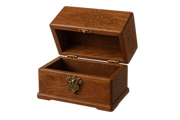Open ornate wooden box with decorative carvings isolated on transparent background