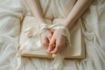 Delicate hands tied with silk ribbon on open book – romantic aesthetic, romantasy concept