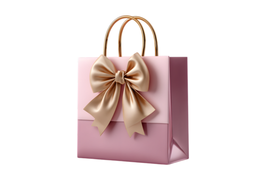 Pastel cute Gift bag, luxury shopping bags with pink satin ribbon bow. isolated on transparent background with clipping path. Christmas gift. Mother's Day present, Valentines Day.