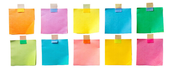 different colored sticky notes taped against wall isolated on white or transparent png